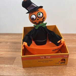 Spooky Village Animated Candy Bowl Halloween Pumpkin Man 12" Dish NEW